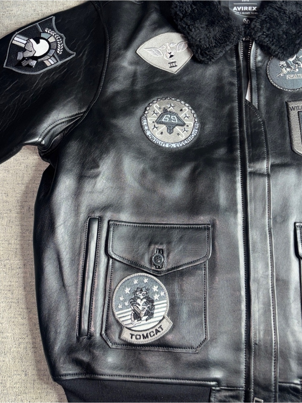 Avirex Black Leather Bomber Jacket with Military Patchwork leather quality is ni